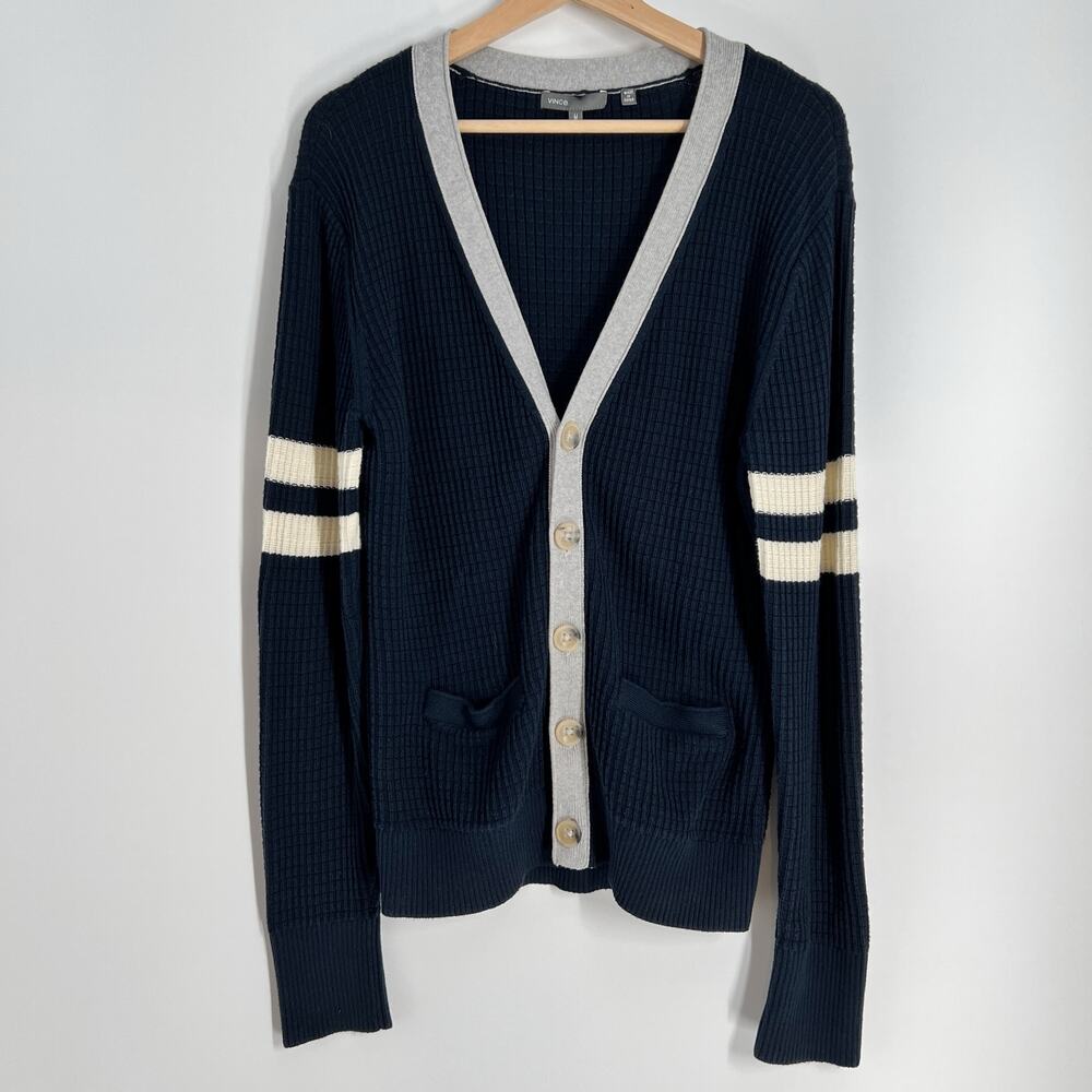 Vince Waffle Knit Cardigan Sweater Womens Medium Navy Blue White Cotton V Neck